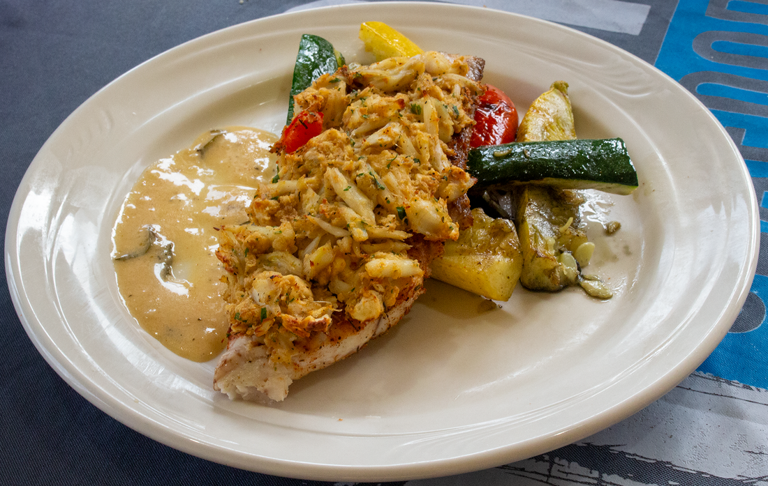 Lump Crab Crusted Redfish with Grilled Vegetables and Tarragon Beurre Blanc